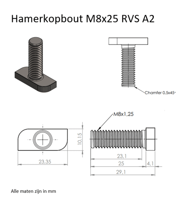 Hamerkopbout M8x25 RVS A2 maatvoering