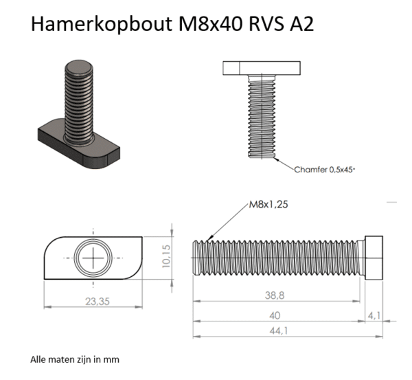 Hamerkopbout M8x40 RVS A2 maatvoering
