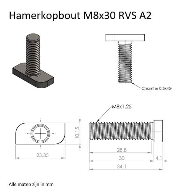 Hamerkopbout M8x30 RVS A2 maatvoering 1