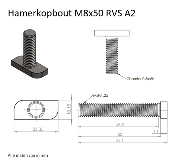 Hamerkopbout M8x50 RVS A2 maatvoering
