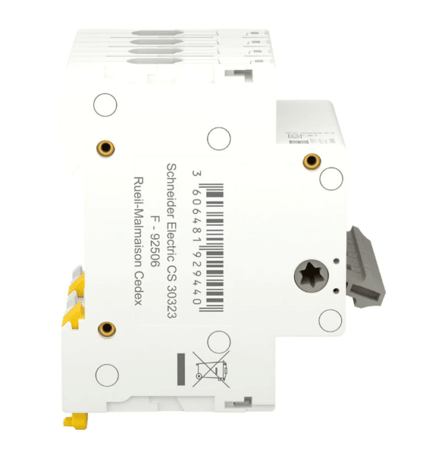 a white electrical device with yellow screws