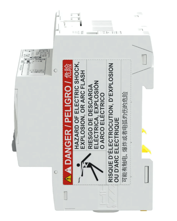 a white electronic device with black text and red text