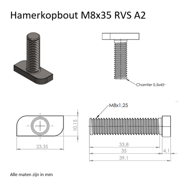 rvs hamerkopbout m8 x35mm a2 type b - afbeelding 2